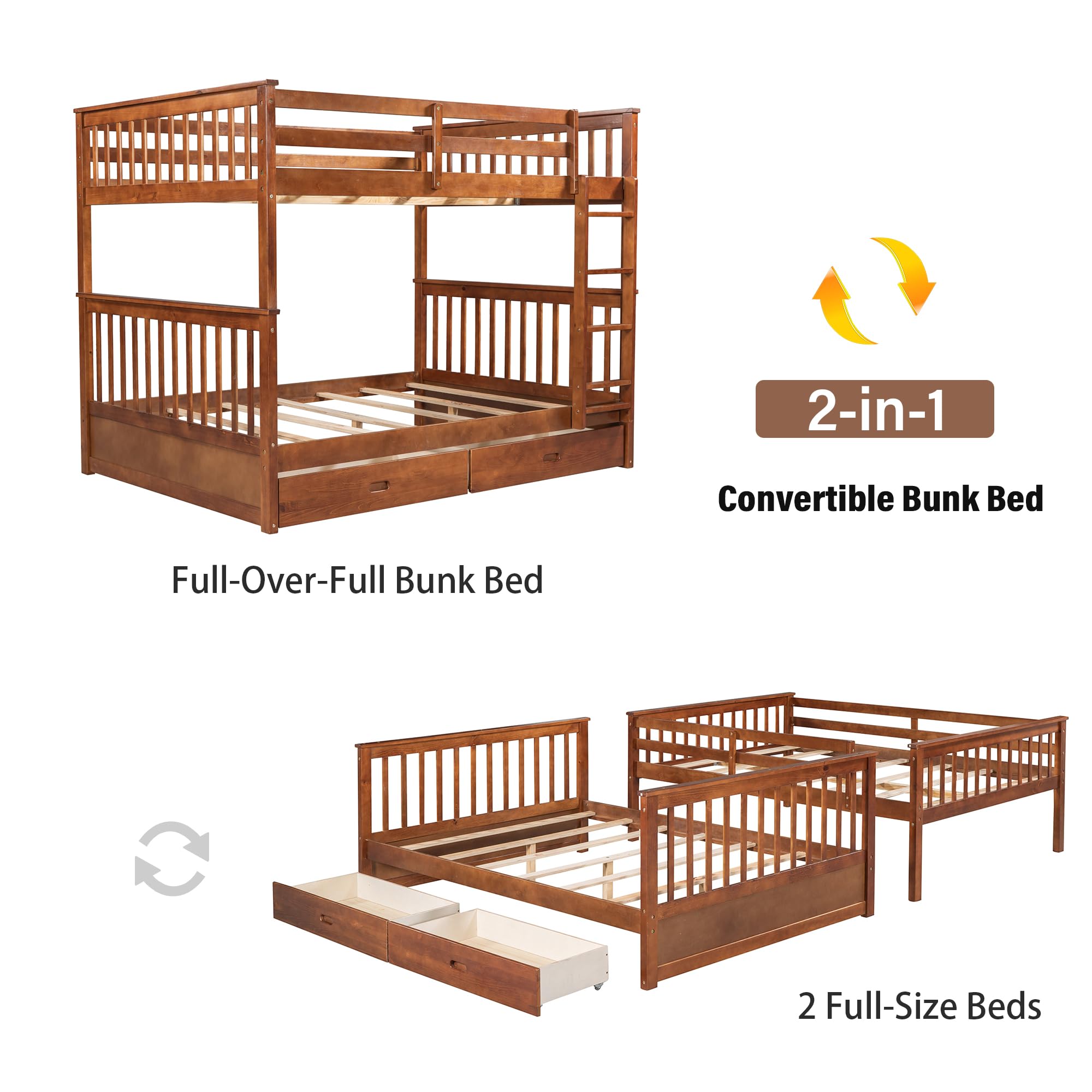 Merax Wood Bunk Bed with Two Drawers,Convertible Wood Bunk Bed with Ladders and Two Storage Drawers,Solid Wood Detachable Bed Frame with Ladders, Twin Over Full Size, Espresso