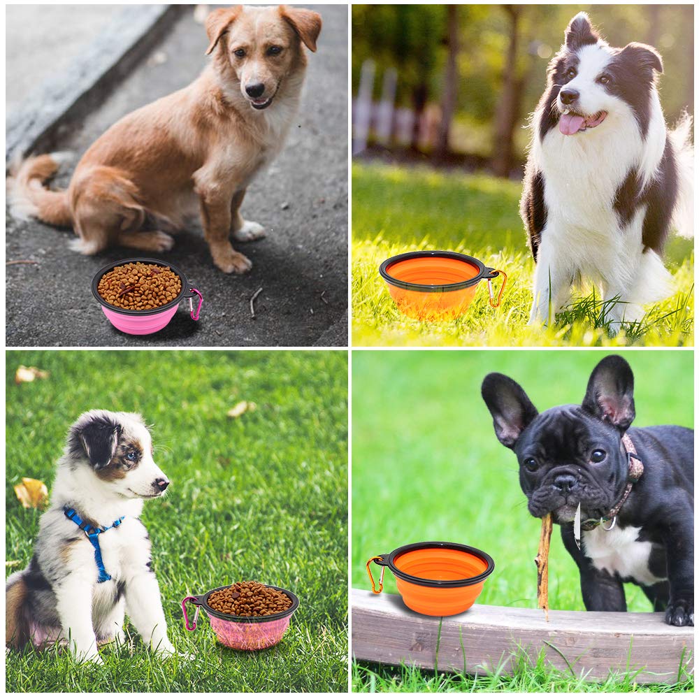 Dog Bowl Pet Collapsible Bowls, 2 Pack Collapsible Dog Water Bowls for Cats Dogs, Portable Pet Feeding Watering Dish for Walking Parking Traveling with 2 Carabiners (Small, Black & Pink)