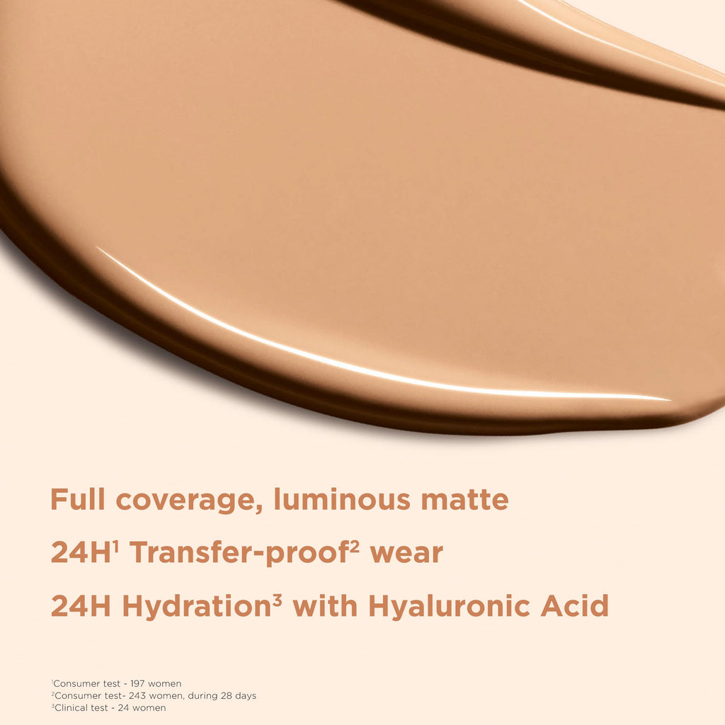 Clarins Skin Illusion Longwear Full Coverage Foundation|Luminous Matte Finish|24H Hold and 24H Hydration|Natural Looking|Transfer, Sweat and Smudge Proof| Contains Hyaluronic Acid|1 Fl Oz