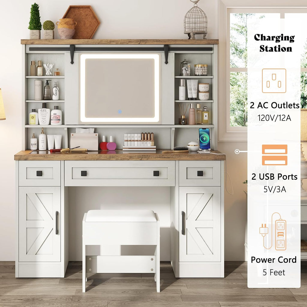 AMERLIFE 47.2" Farmhouse Vanity Desk with Mirror and Lights, Rustic Makeup Vanity Table with Charging Station, Vanity Set with Stool & Storage, LED Sliding Mirror & Glass Top, Antique White Finish