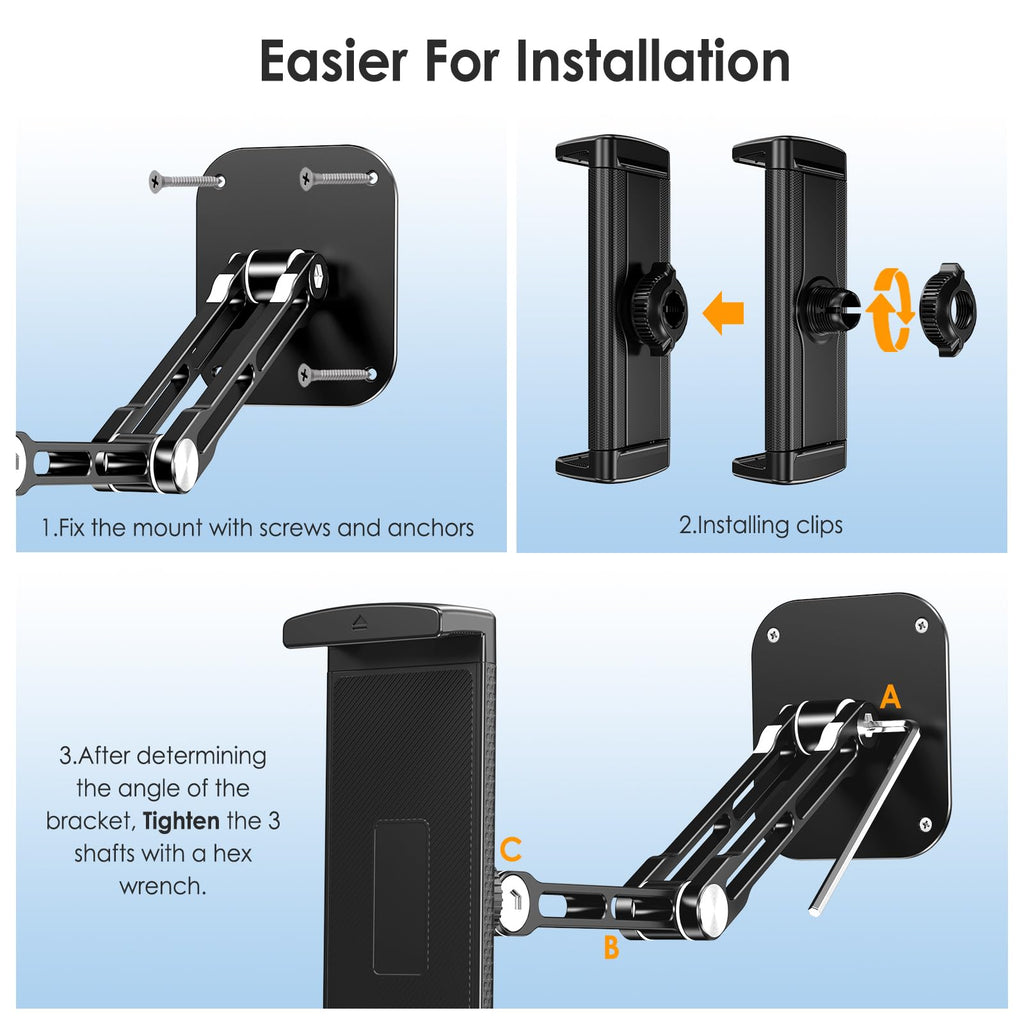 Tablet Wall Mount, Aluminum iPad Wall Mount Holder, 360° Rotation Adjustable Wall Holder Compatible with iPad Pro, Mini, Galaxy Tab, Surface Pro, Kindle, All 4.7-13" Tablets and Phones