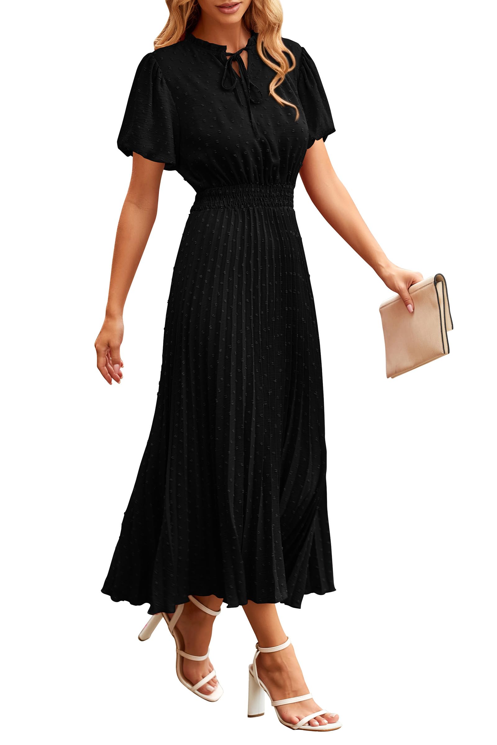 PRETTYGARDEN Womens Summer Midi Dresses Puff Short Sleeve V Neck Swiss Dot Pleated A Line Flowy Long Wedding Guest Dress