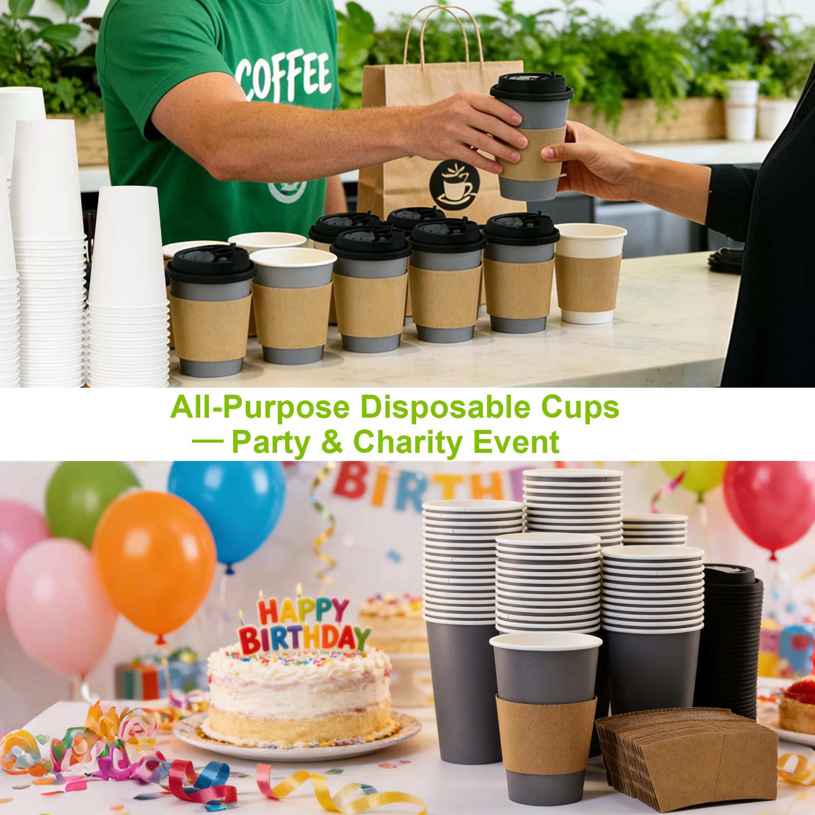 16 oz 100 Pack Corrugated Ripple Wall Disposable Coffee Cups with Lids and Straws, Heavy Duty Insulated Cups for Hot Beverage or Cold Drinks, Bulk for Restaurants, Offices, Coffee Shops(Black)
