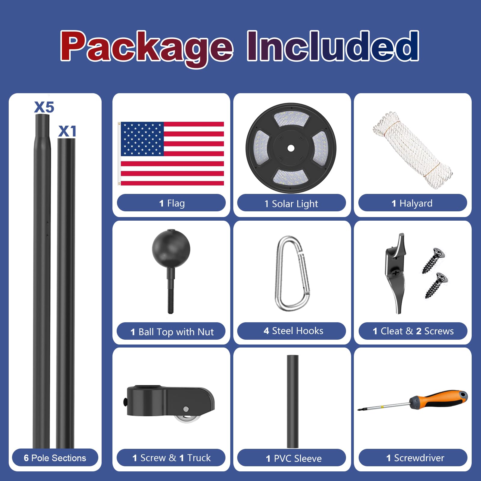 Upgraded 10 Gauge 20FT Heavy Duty Flag Pole Kit with 136 LED Solar Light, Extra Thick Flagpole for Outside House in Ground, Bottom 3 mm Thick & Width 3.35 in, 120MPH Wind Rated