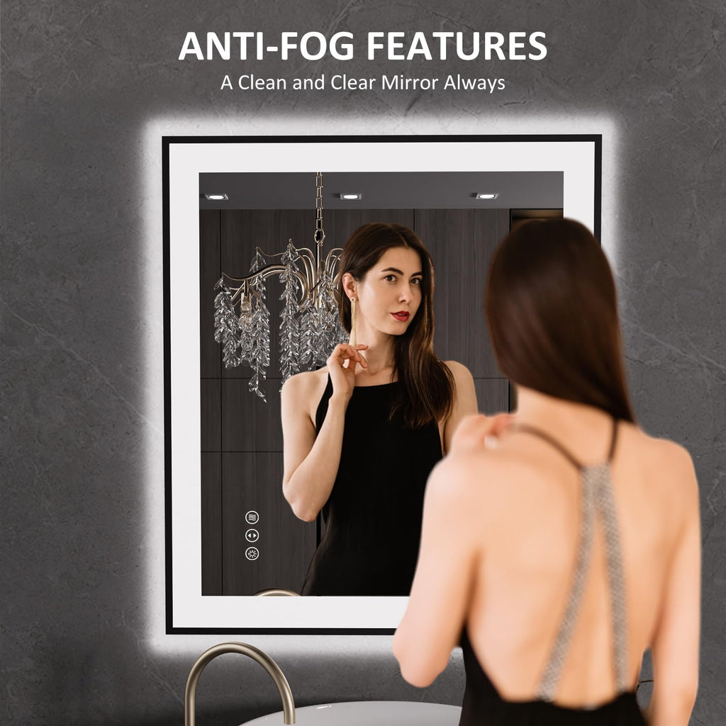 LOAAO 20"X28" LED Bathroom Mirror Black Framed | Anti-Fog, Dimmable, Memory Function, Tempered Glass, Lighted Vanity Mirror for Wall