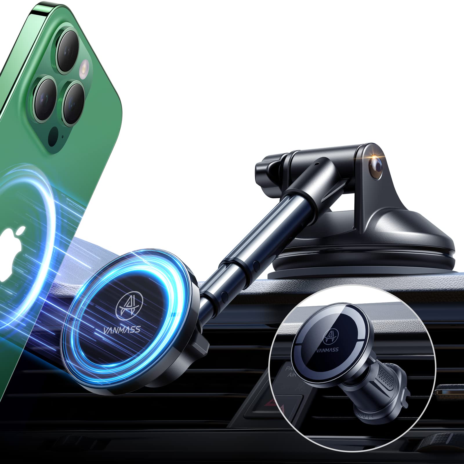 【Military-Grade】VANMASS for MagSafe Car Mount【Upgraded Strongest Magnetic&Suction】Phone Holder Cell Stand for Dashboard Windshield Vent, Tesla Truck Cradle for iPhone 17 Pro Max 16 15 14 13 12 Android