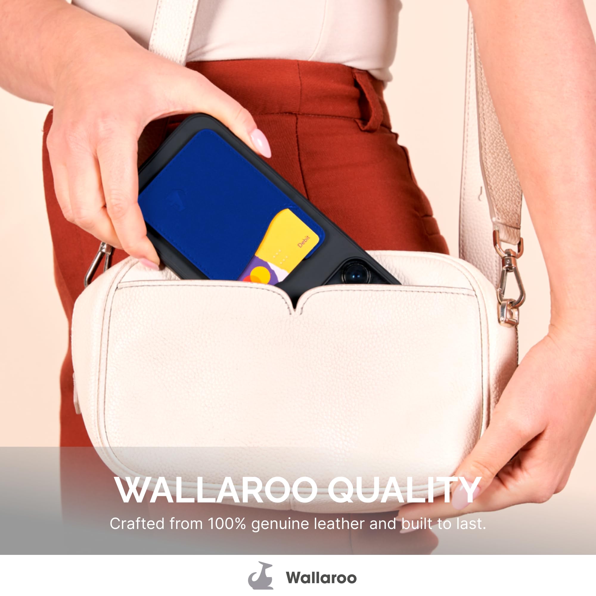 Wallaroo Premium Leather Cell Phone Wallet Stick On - Android and iPhone Wallet and Card Holder for Women and Men - Durable with Non-Slip Lining Secures Up to 3 Cards
