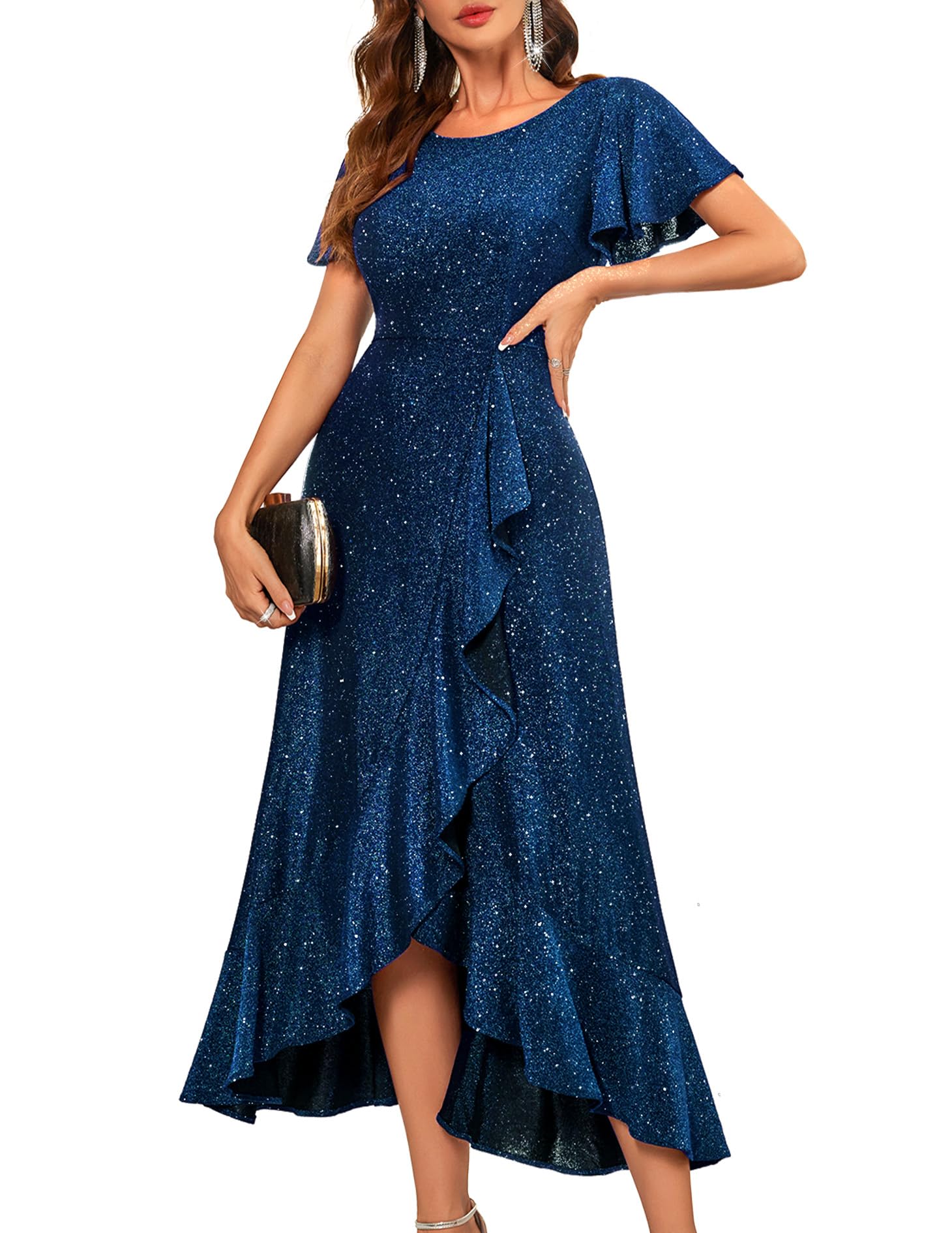BeryLove Women Sequin Formal Party Dress Flutter Short Sleeve Wedding Cocktail Long Evening Dress