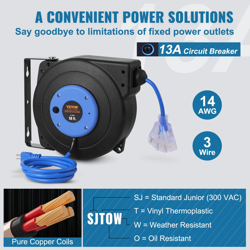 VEVOR Retractable Extension Cord Reel, 30 FT, Heavy Duty 16AWG/3C SJTOW Retractable Power Cord Reel with Lighted Triple Tap Outlet 10 Amp Circuit Breaker 4.5FT Lead-in Cord, for Ceiling or Wall Mount