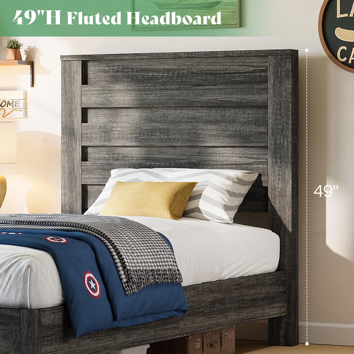 AMERLIFE Farmhouse Full Size Bed Frame with 49" Fluted Headboard, Wood Platform Bed with Natural Grain, No Box Spring Needed/Noise Free, Black