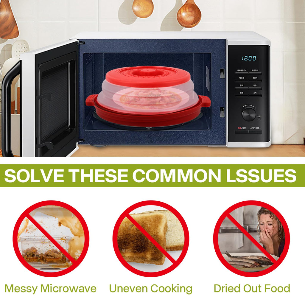 Microwave Splatter Cover for Food with Anti-scald Base Plate,Large Plastic & Silicone Vented Avoid Scalding Collapsible Guard Lid, Plate Holder & Kitchen Colander for Meal Prep-10.7 Inch (2 Pcs BRed)