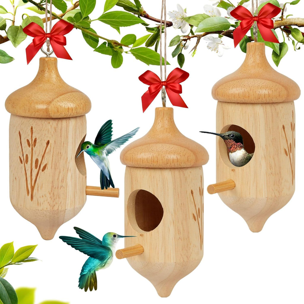 Hummingbird House, Small Hummingbird Houses for Outside, Wooden Bird House with Bow, String, Cute Gardening Gifts Home Decoration