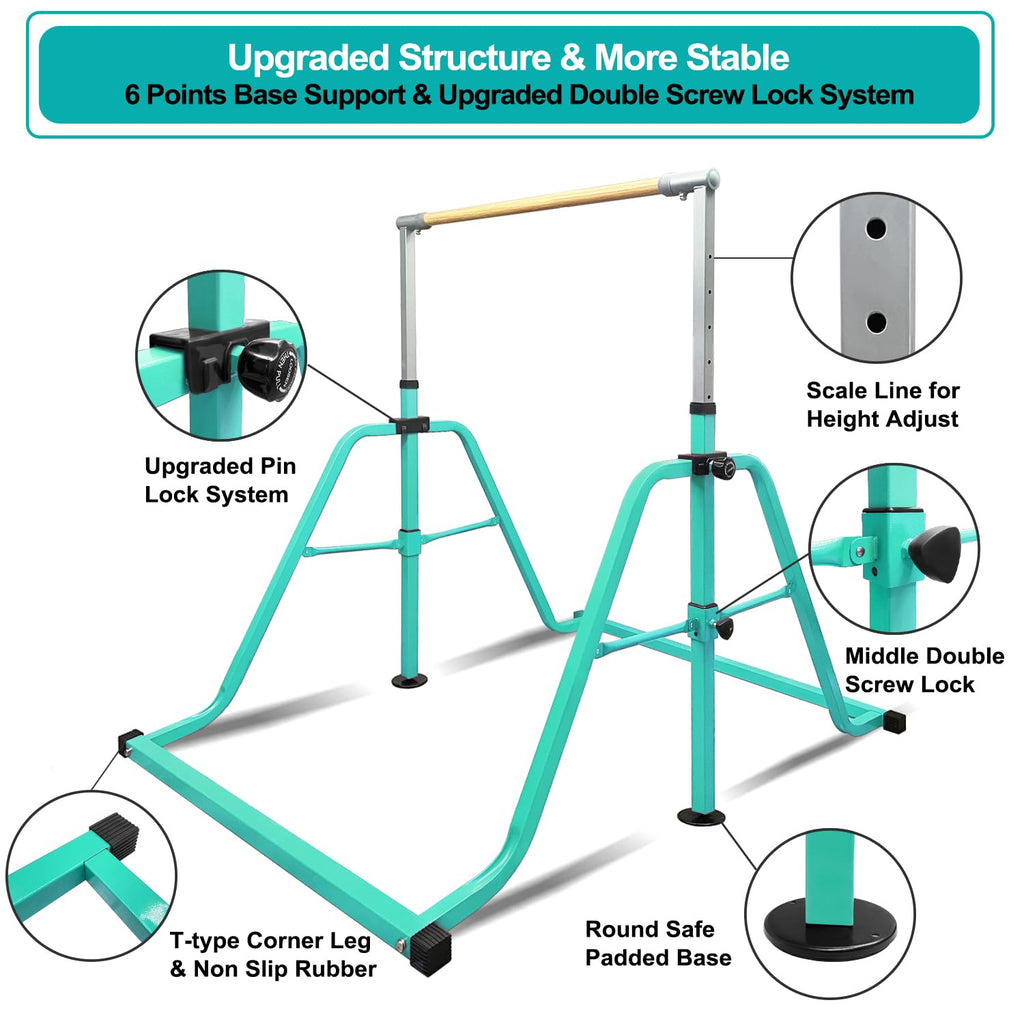 Foldable & Moveable Gymnastics Horizontal Bar with Rings,3’to 5’Adjustable Height Expandable Junior Kip Bar for Home,Indoor Gym Equipment for Kids