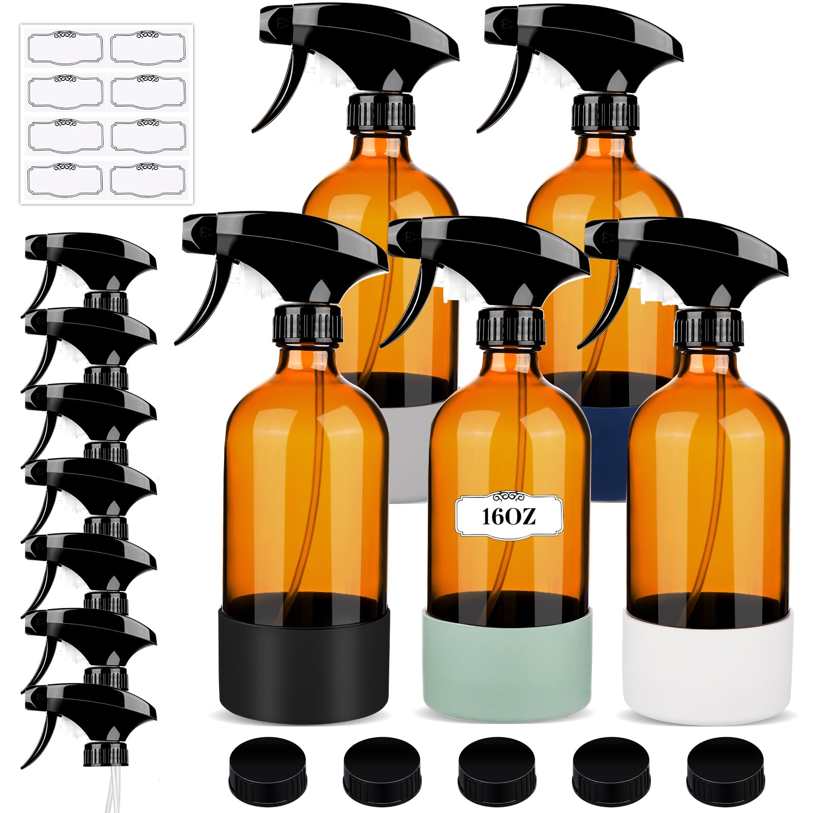 ZENOWICK 2 Pack/16 Oz Glass Spray Bottles, Refillable Empty Containers with Silicone Sleeve, Upgraded Adjustable Nozzle Spray Bottle Sets for Cleaning, Essential Oils, Hair (Amber)