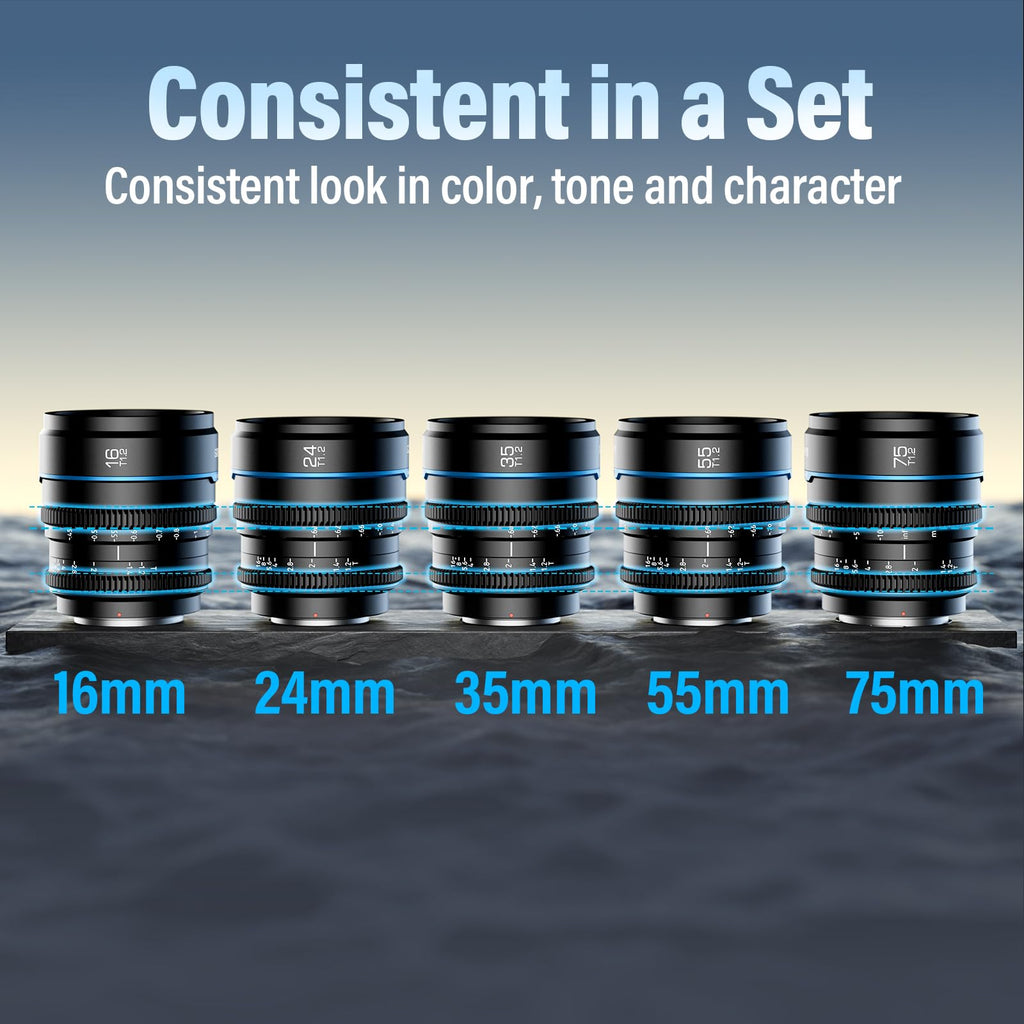 SIRUI Night Walker T1.2 Cine Lens Set, 16mm, 24mm, 35mm, 55mm, 75mm Large Aperture Manual Focus Lens (M4/3 Mount, Black)