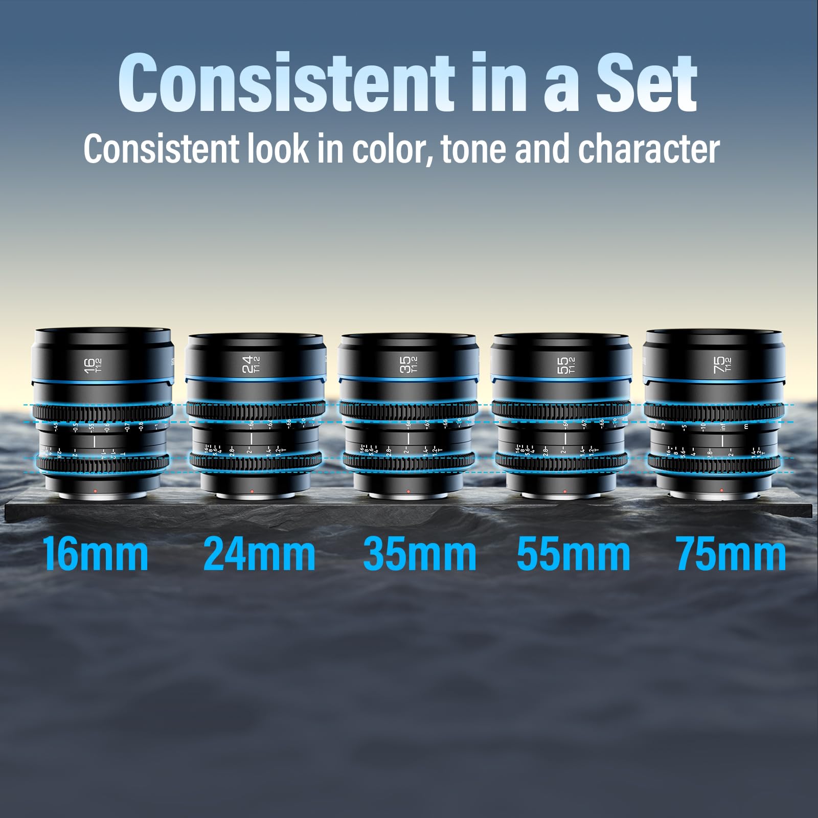 SIRUI Night Walker T1.2 Cine Lens Set, 16mm, 24mm, 35mm, 55mm, 75mm Large Aperture Manual Focus Lens (M4/3 Mount, Black)
