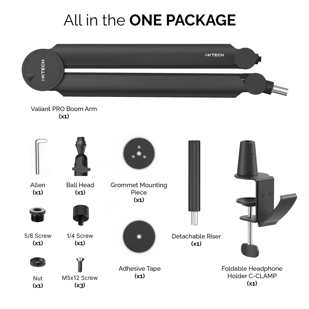IXTECH Premium Microphone Boom Arm with Desk Mount, 360° Rotatable, Fully Adjustable, for Podcast, Video, Gaming, Radio, Studio, Recording, Sturdy and Universal VALIANT Model