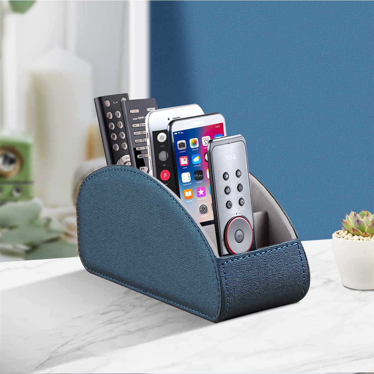 YAPISHI All-in-One Leather Brown TV Remote Holder with 5 Compartments Nightstand Desktop Media Player Remote Caddy Storage Box Organizer Tray for Mobile Office Phone Controller
