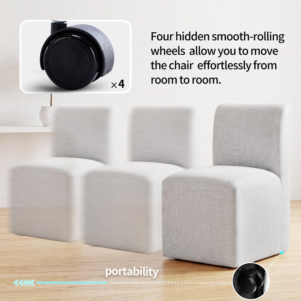 DUHOME Upholstered Dining Chair with Casters,Armless Modern Rolling Linen Dining Chairs with Wheels for Dining Room Bedroom Reading Room Living Room