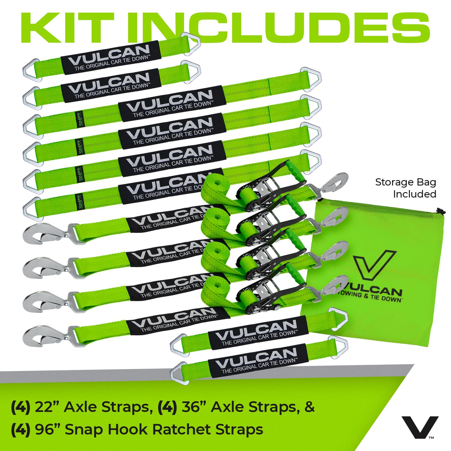 VULCAN Complete Axle Strap Tie Down Kit with Snap Hook Ratchet Straps - Classic Yellow - Includes (4) 22 Inch Axle Straps, (4) 36 Inch Axle Straps, and (4) 8' Snap Hook Ratchet Straps