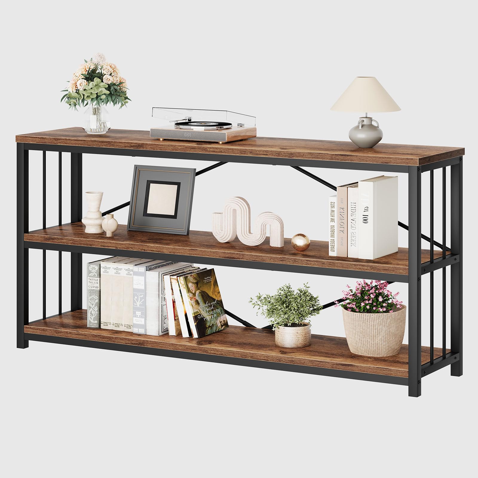 LVB Black Console Table, Modern Entryway Table for Hallway Living Room, Industrial Sofa Table Behind Couch, Farmhouse Wooden Metal Entry Table for Foyer with 3-Tier Storage Shelves, Black Oak, 55 Inch