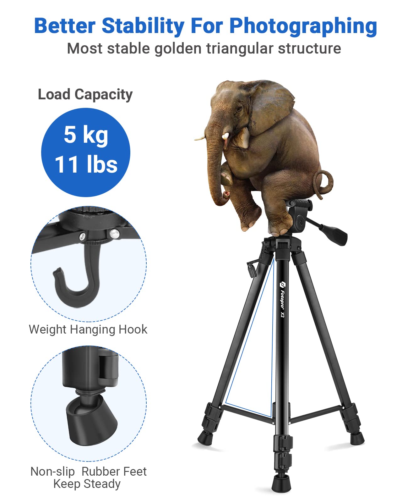 Fotopro 60" Camera Tripod, Carbon Fiber Travel Tripod with 360° Ball Head, Ultralight 2.1lbs, 22lbs Load, Quick Lock, Folds to 14.3" Carry-On, for DSLR Mirrorless Cameras, X-Aircross 3 Blue