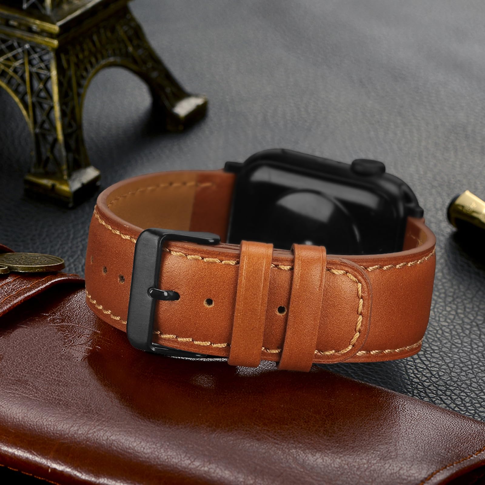 Tasikar Bands Compatible with Apple Watch Band 42mm (Series11/10) 41mm 40mm 38mm Men Genuine Leather Replacement Bands Compatible with Apple Watch SE Series 11 10 9 8 7 6 5 4 3, Black