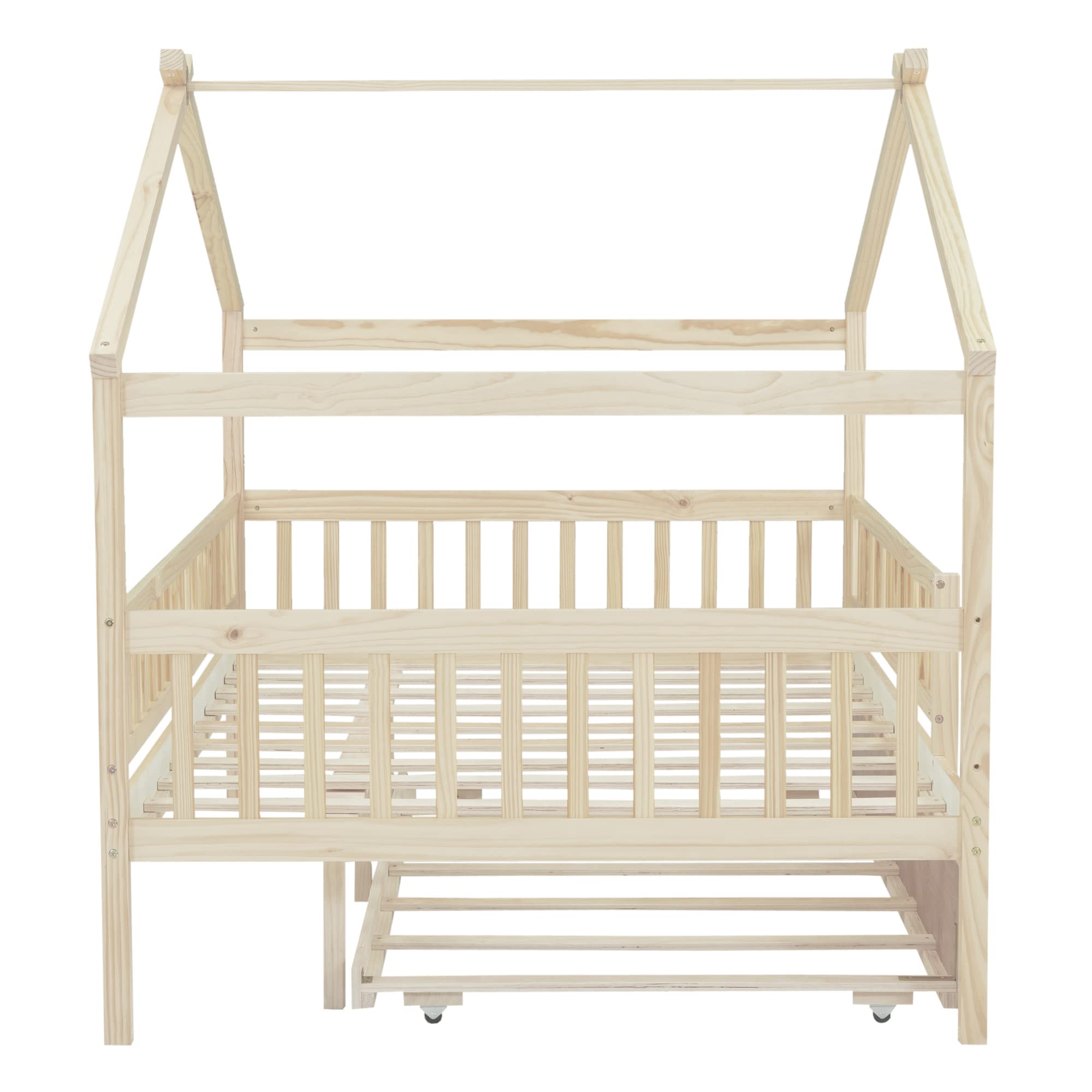 Merax Twin Size Wooden House Bed with Two Drawers, Wood Bed Frame with Roof for Kids, Teens, Boys or Girls, Grey