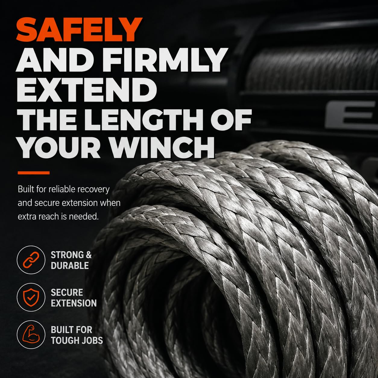 Ucreative 3/8 Inch x 50 Feet Synthetic Winch Extension Rope 26,500 Lbs for Off Road Vehicle Gray