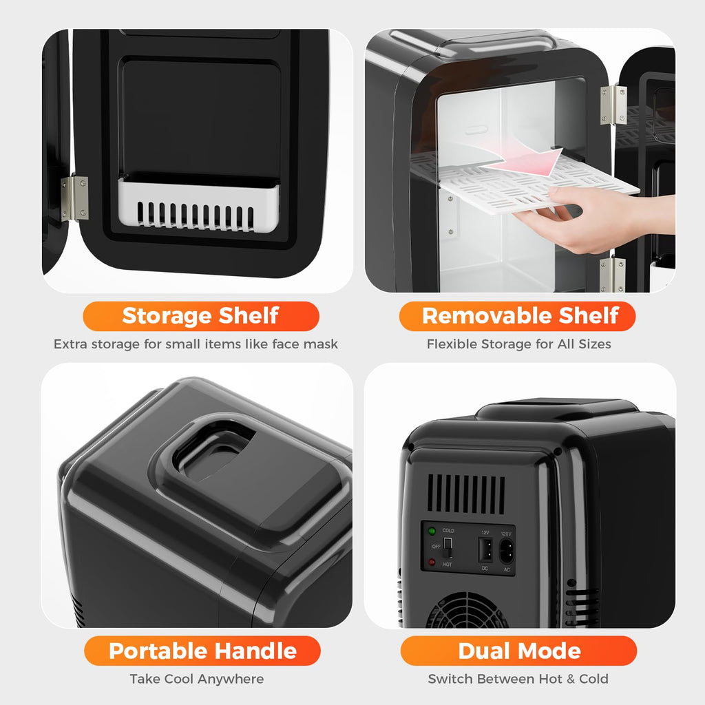 YASHE Mini Fridge, 4 Liter/6 Can Mini Makeup Fridge, 110V AC/ 12V DC Portable Thermoelectric Cooler&Warmer for Skincare, Drink, Cosmetic, Medicine, Small fridge for Bedroom, Office, Dorm, Car, Black