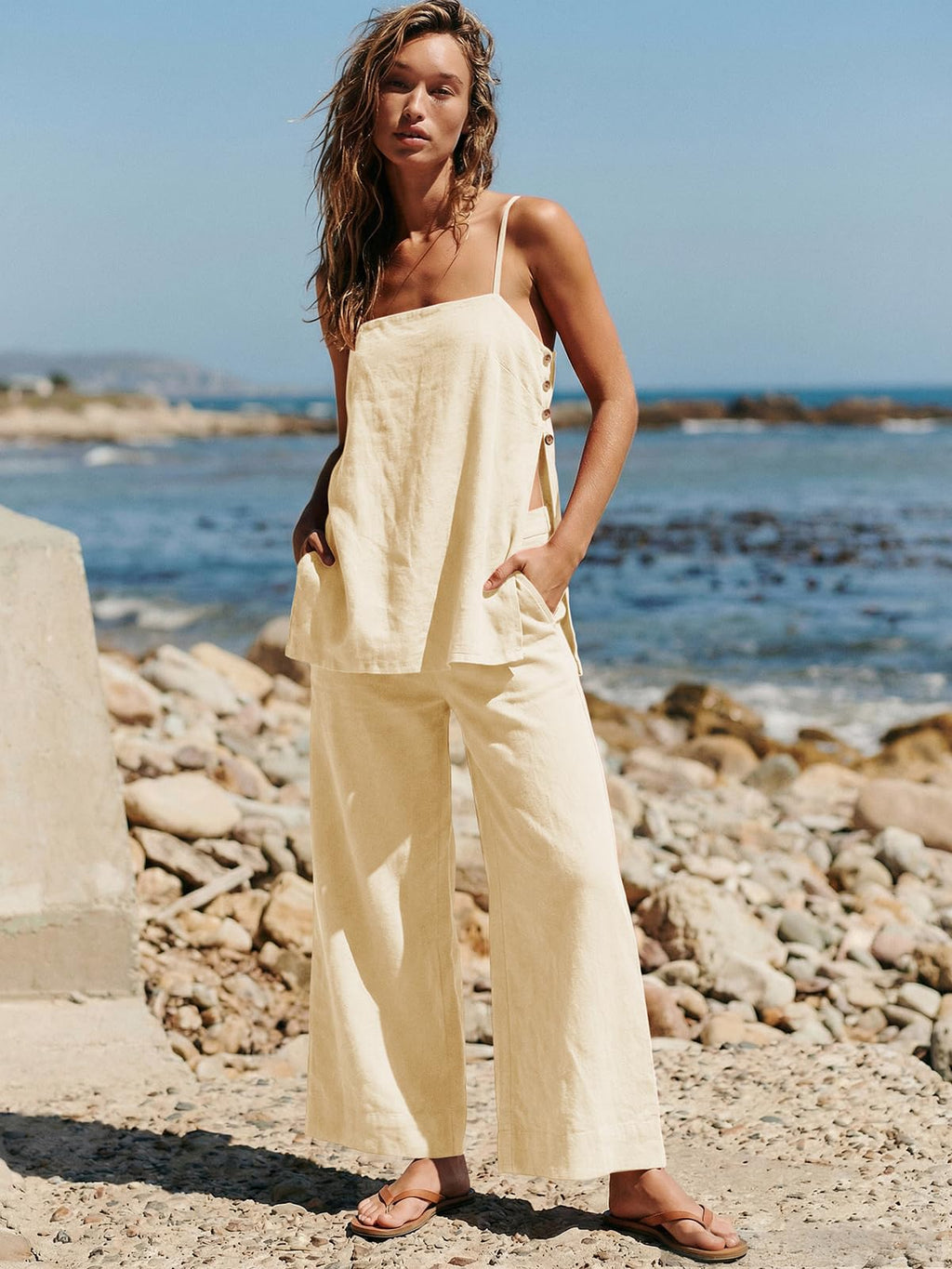 Dokuritu Linen Sets for Women 2 Piece Summer Spaghetti Strap Top Wide Leg Pant Set Beach Vacation Travel Outfits with Pockets