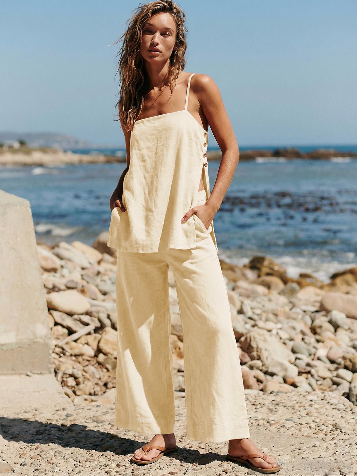 Dokuritu Linen Sets for Women 2 Piece Summer Spaghetti Strap Top Wide Leg Pant Set Beach Vacation Travel Outfits with Pockets