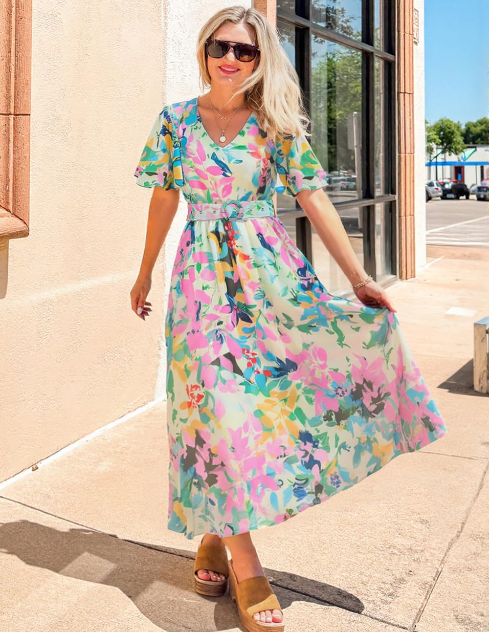 ZESICA Women's 2026 Summer Floral V Neck Midi Dress Boho Short Sleeve High Waist Flowy Beach Vacation Dresses with Belt