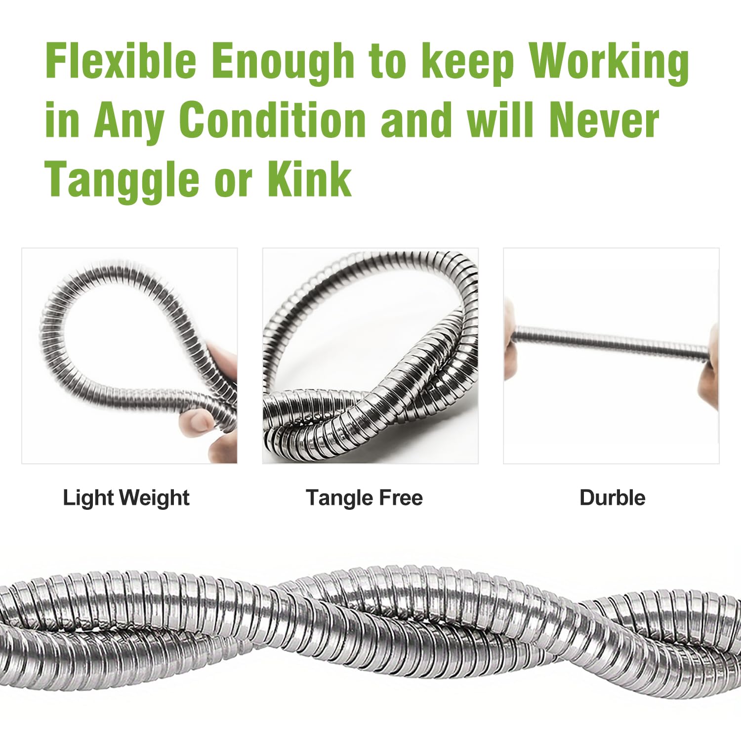 Beitopamz Garden Hose 25 ft, Stainless Steel Metal Water Hose with Nozzle, Flexible and Durable, Rust Proof, No-Kink, Heavy Duty, Leakproof 3/4'' Brass Fittings, Lightweight Hose for Patio, Lawn