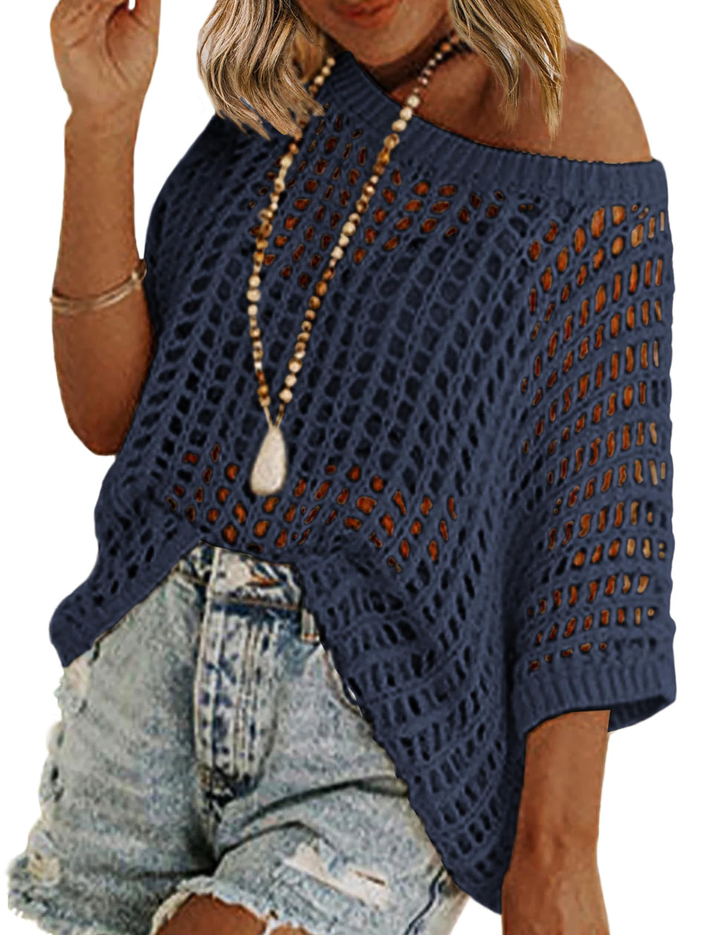 Zeagoo Short Sleeve Crochet Sweater Lightweight Summer Tops Loose Hollow Out Crewneck Pullover