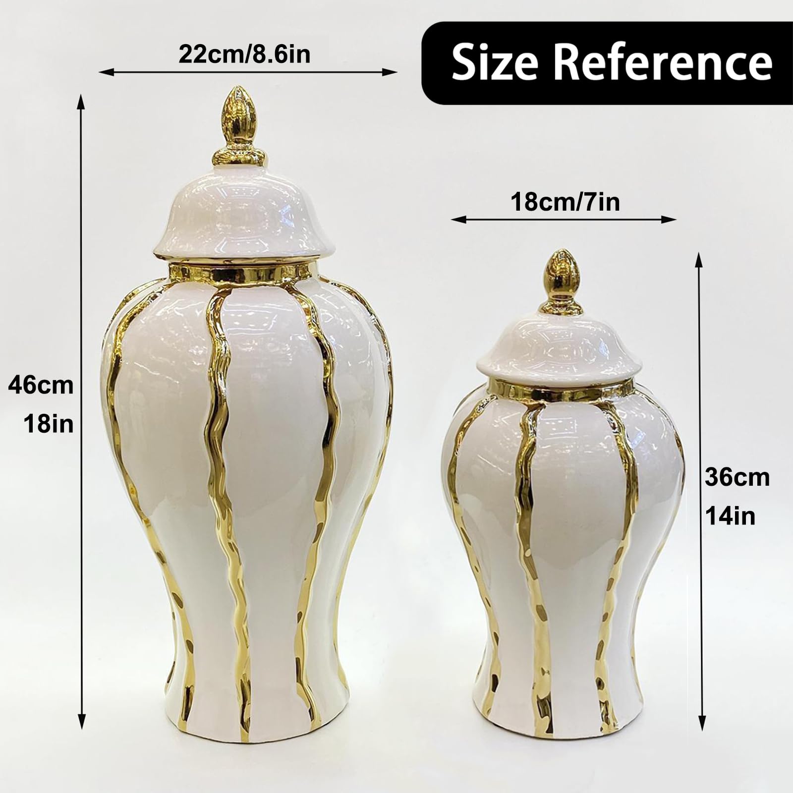 Ginger Jar, White Gold Ceramic Vase Large Handmade Porcelain Vases with Lid, White Gold Decorative Flower Vase for Home, Living Room, Weddings, Centerpieces (18in with Lid)