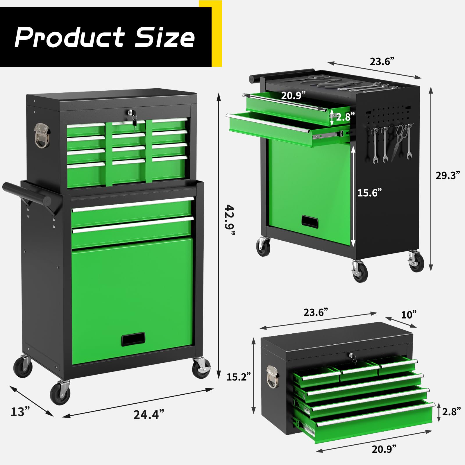 On Shine 8 Drawer Rolling Tool Chest, Large Capacity Rolling Tool Box with Wheels, Locking Mechanical Tool Chest, Portable Tool Box with Sliding Drawers for Garage Workshop and Tool Room (Black)