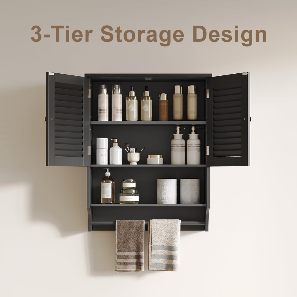 ChooChoo Bathroom Wall Cabinet, Medicine Cabinet, 2 Doors Over The Toilet Space Saver Storage Cabinet with Large Space, Black