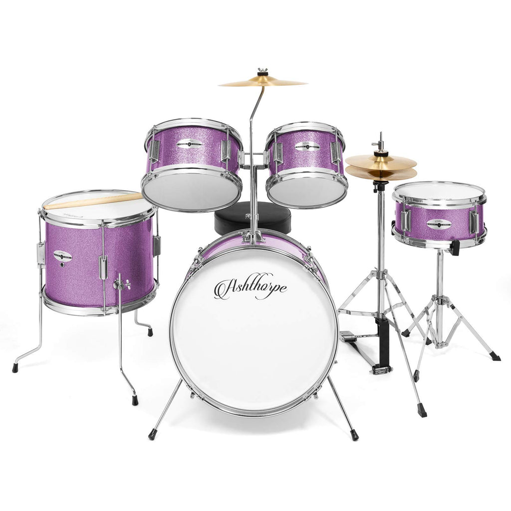 Ashthorpe 5-Piece Complete Kids Drum Set with Genuine Brass Cymbals - Junior Beginner Kit with 16" Bass, Throne, Hi-Hats, Pedals & Drumsticks - Black