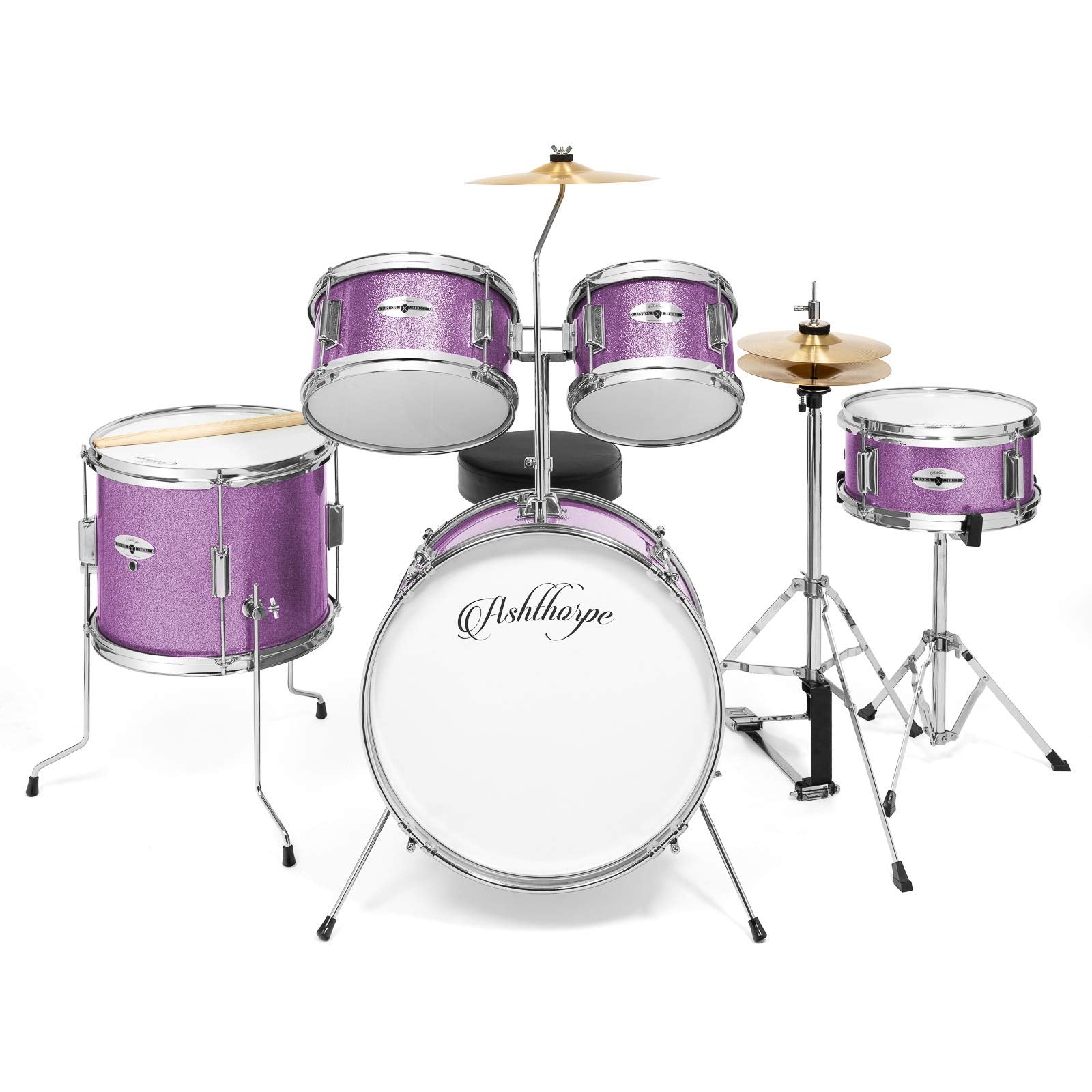 Ashthorpe 5-Piece Complete Kids Drum Set with Genuine Brass Cymbals - Junior Beginner Kit with 16" Bass, Throne, Hi-Hats, Pedals & Drumsticks - Black