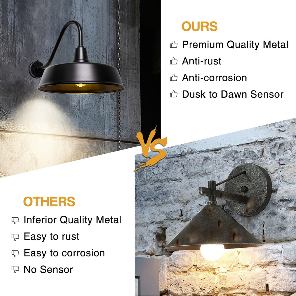 Barn Lights Outdoor Gooseneck Lighting, Dusk to Dawn Black Exterior Barn Lights for House, Farmhouse Wall Lighting Fixtures with Sensor for Porch Garage (1, 11" Diameter)
