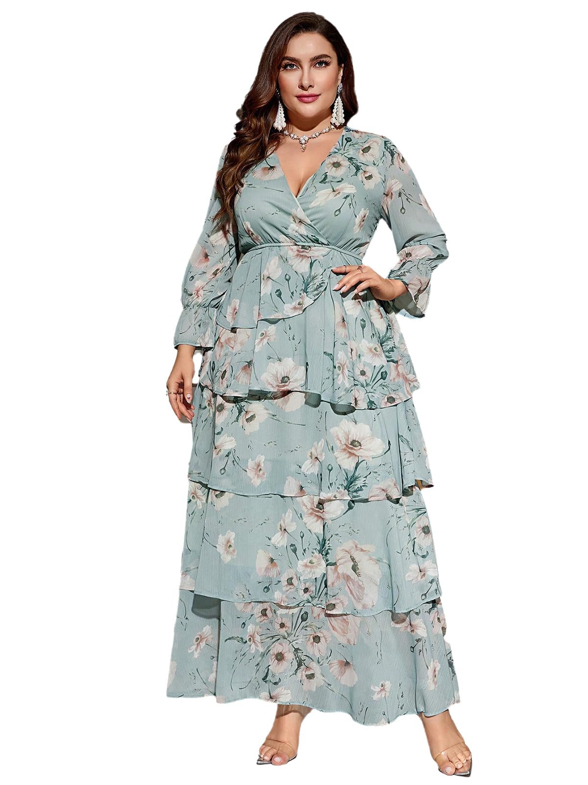 Spring Summer 2024 Plus Size Womens Dresses V Neck Casual Elegant Long Sleeve Floral Print Maxi Dress