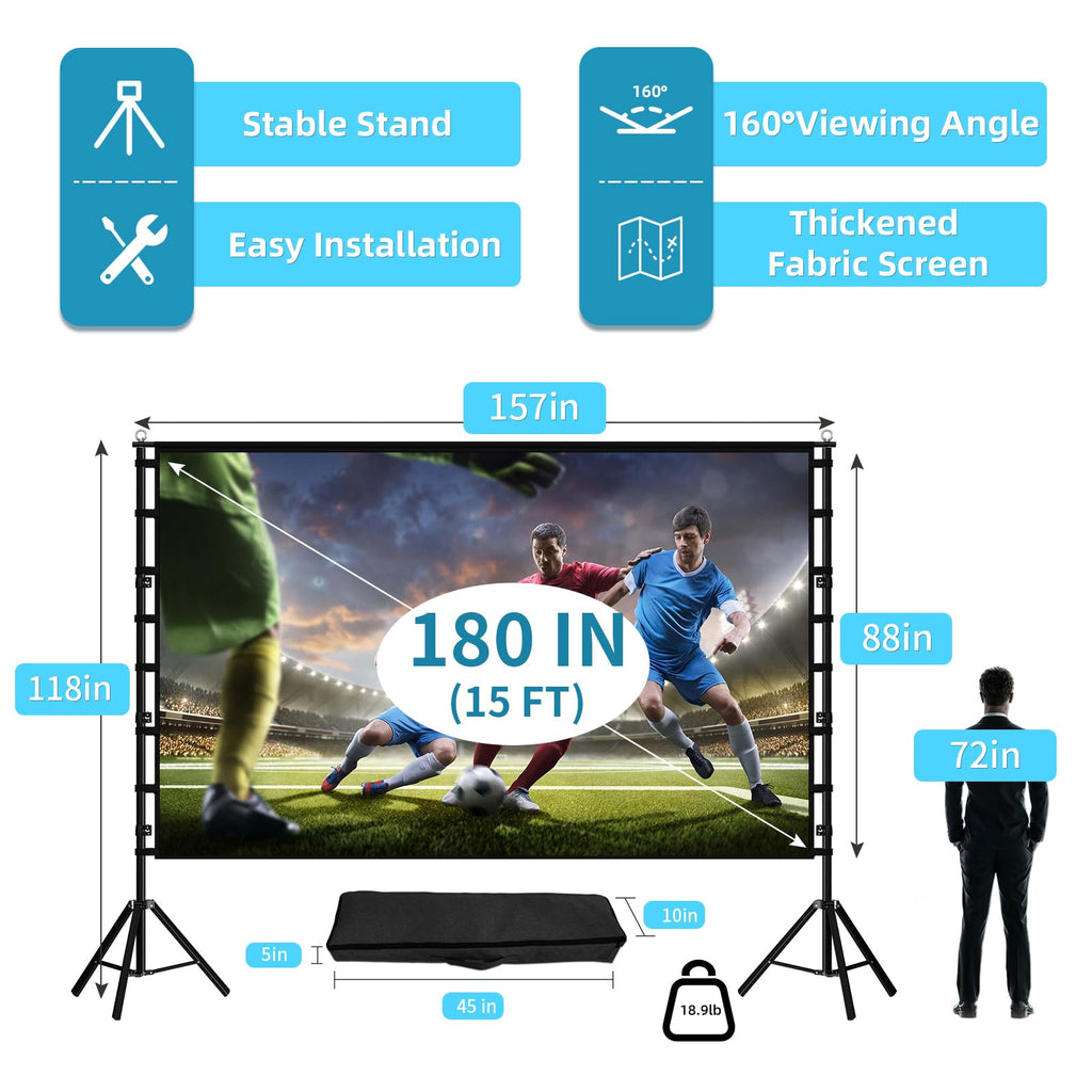 TOWOND Projector Screen and Stand, 180 inch Outdoor Projector Screen 15 FT Large Projection Screen, Portable 16:9 4K HD Rear Front Movie Screen with Carry Bag Wrinkle-Free Design for Backyard Theater