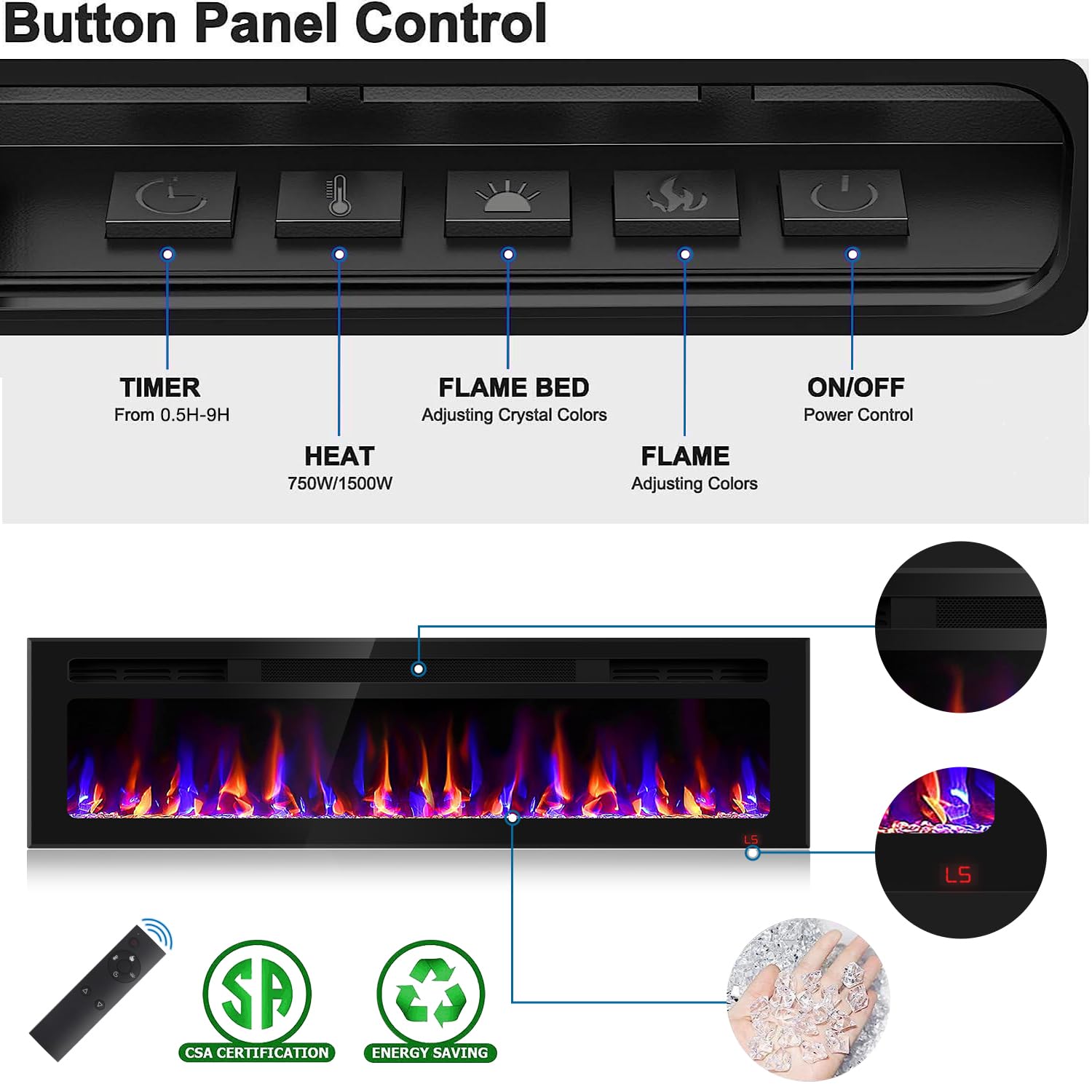 31 Inch Electric Fireplace Recessed and Wall Mounted, Fireplace Heater and Linear Fireplace, Ultra-Thin Electric Fireplace, Low Noise, with Timer, Remote Control, Adjustable 12 Flame Color, 750/1500W