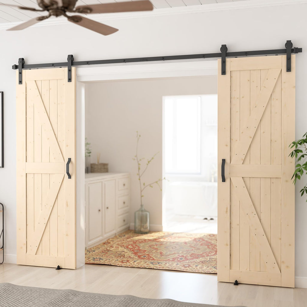 SmartStandard 24in x 80in Sliding Barn Wood Door Pre-Drilled Ready to Assemble, DIY Unfinished Solid Spruce Wood Panelled Slab, Interior Single Door Only, Natural, K-Frame (Fit 4FT Rail)