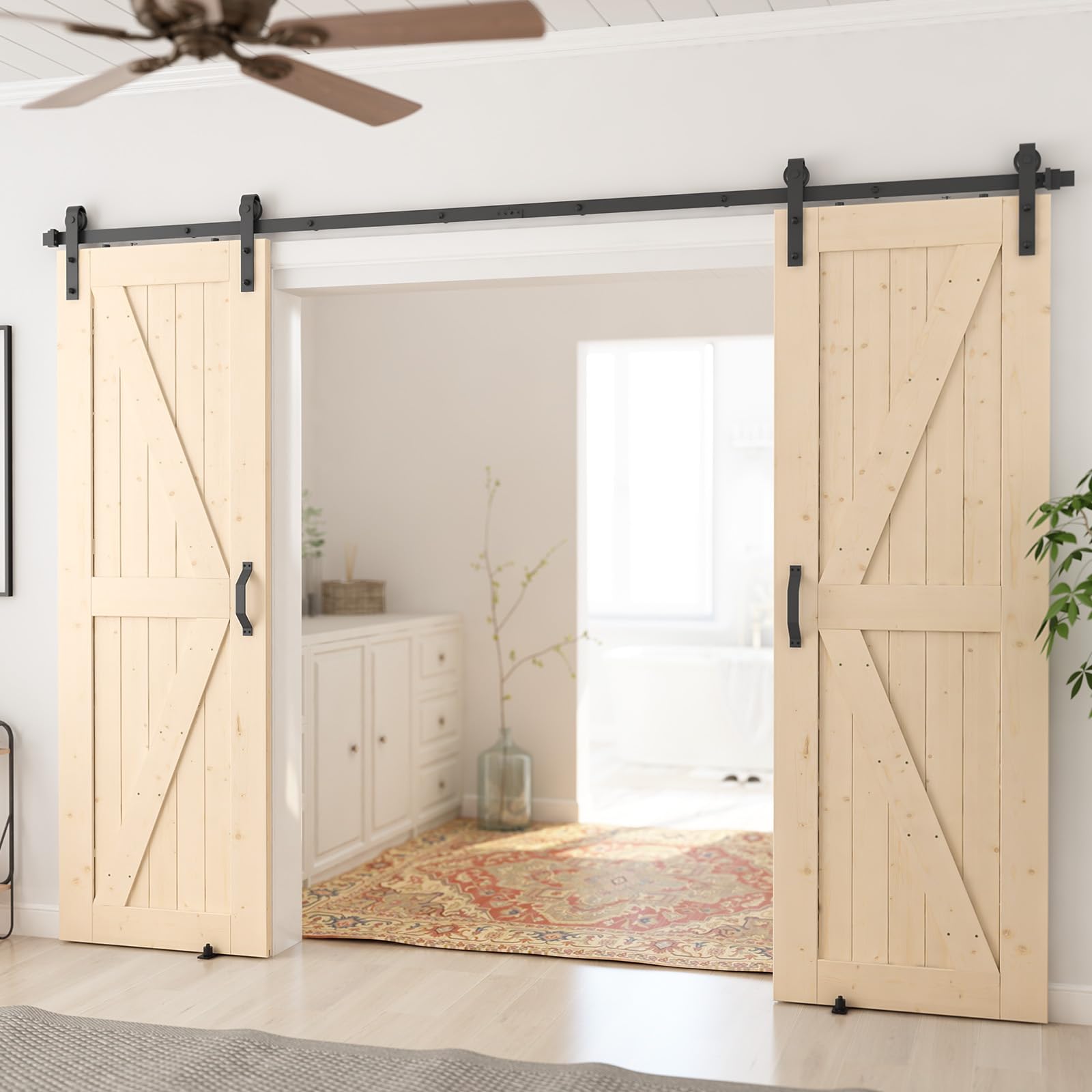 SmartStandard 24in x 80in Sliding Barn Wood Door Pre-Drilled Ready to Assemble, DIY Unfinished Solid Spruce Wood Panelled Slab, Interior Single Door Only, Natural, K-Frame (Fit 4FT Rail)