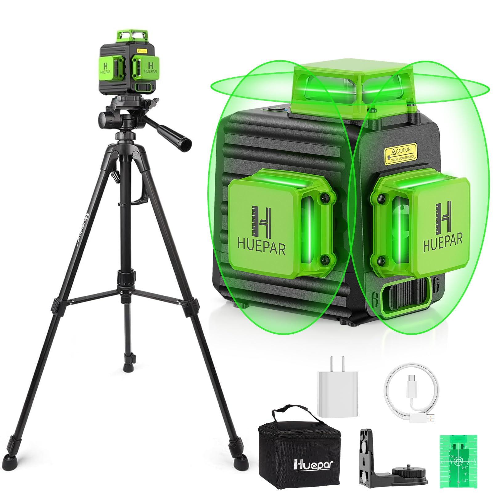 Huepar B03CG Professional 3D Laser Level 360° Self Leveling with 50" Tripod, 3x360 Niveau Laser Tool, 3 Plane Cross Line Lazer Leveler Green Beam, Type-C Charging Port Included