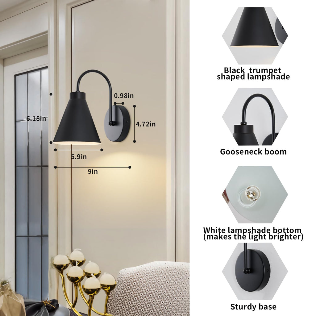 Powfloven Vintage Rechargeable Wall Sconces Set of 2, Battery Operated Bedside Wall Lamps with Remote Control, Wireless Gooseneck Indoor LED Lights Fixture for Bedroom Hallway, Black