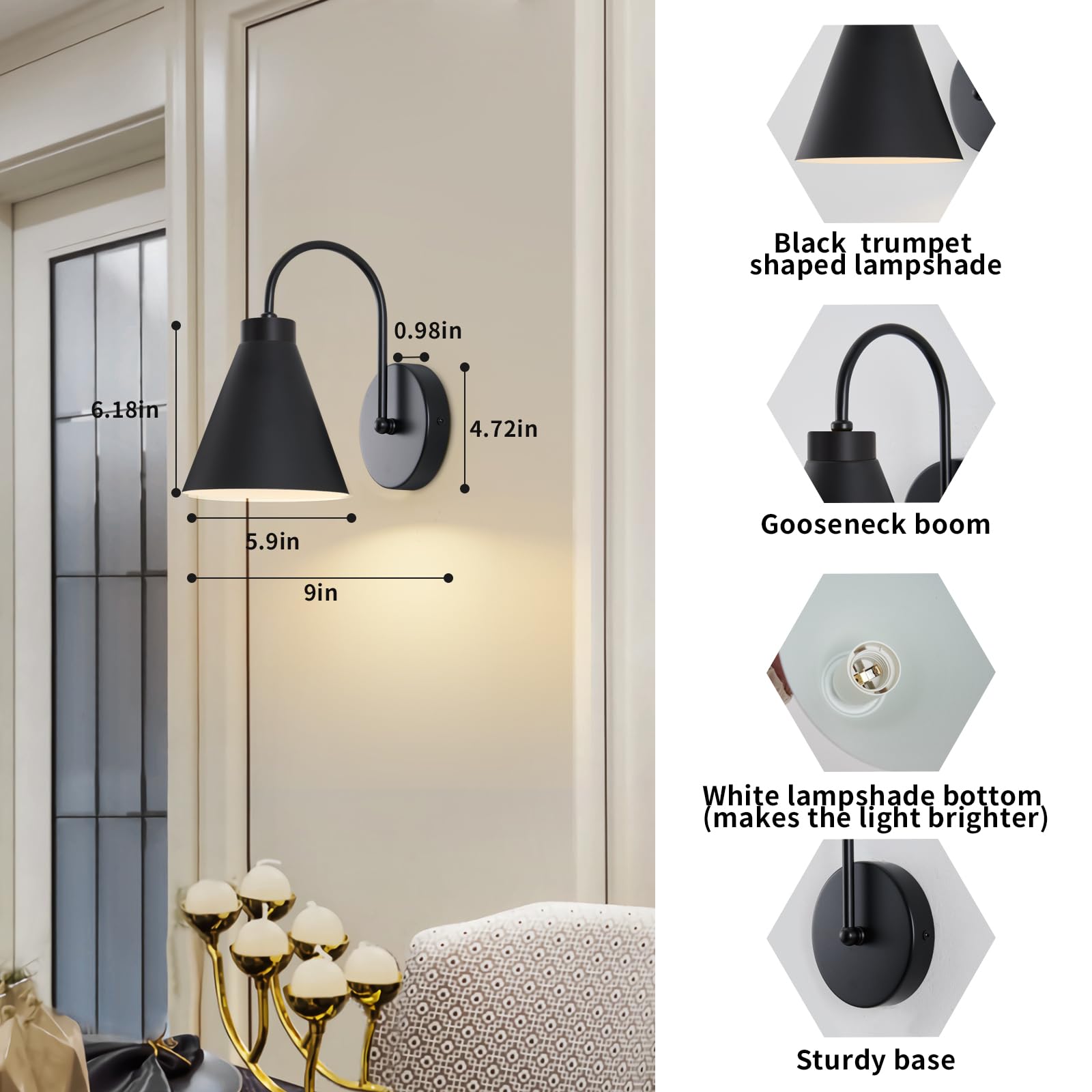 Powfloven Vintage Rechargeable Wall Sconces Set of 2, Battery Operated Bedside Wall Lamps with Remote Control, Wireless Gooseneck Indoor LED Lights Fixture for Bedroom Hallway, Black