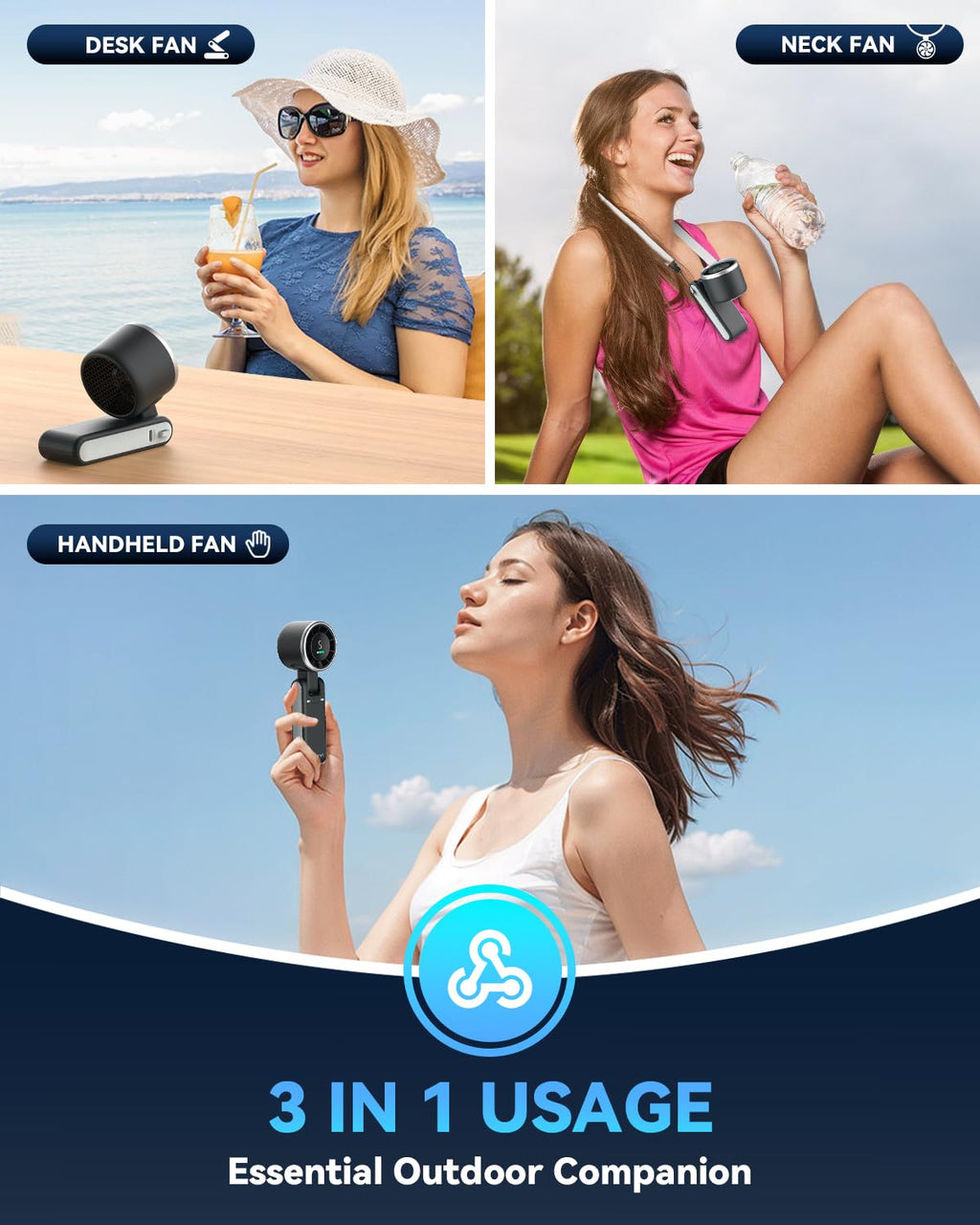 PlayHot Portable Handheld Turbo Fan, 5 Gear Wind, USB-C Rechargeable Fan, Up to 12 Working Hours, 3 IN 1 Hand Fans with Air Turbo Tech Cooling Fan for Outdoor Activities, Travel, Beach (Black)